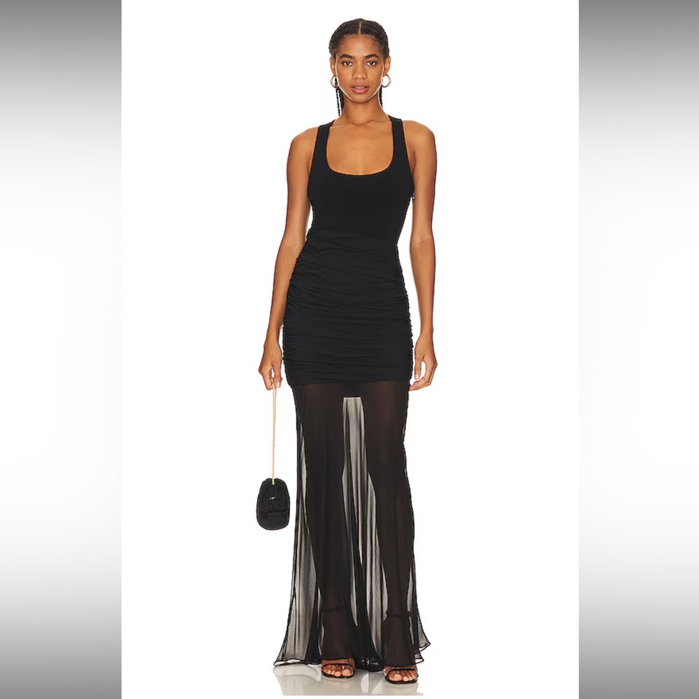 Herve Leger Ruched Woven Mix Tank Gown in Black